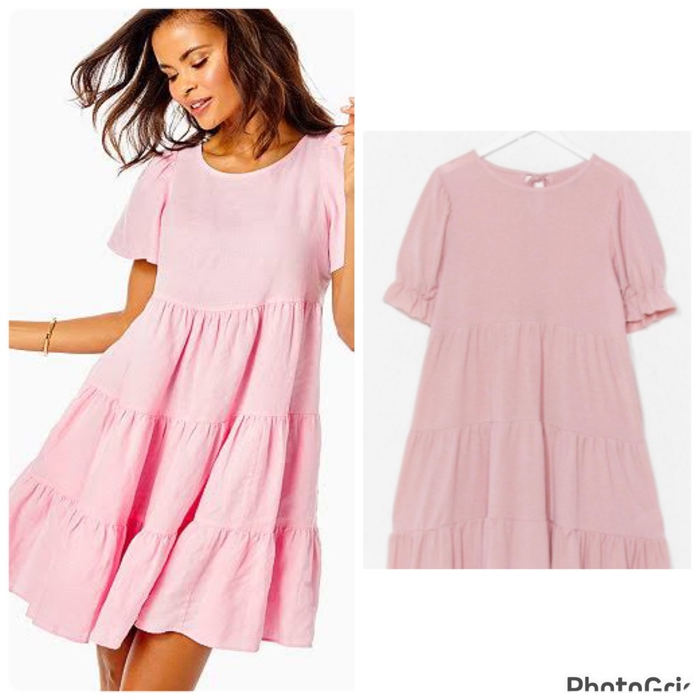 Pink Hot Puff Tiered Mini Dress